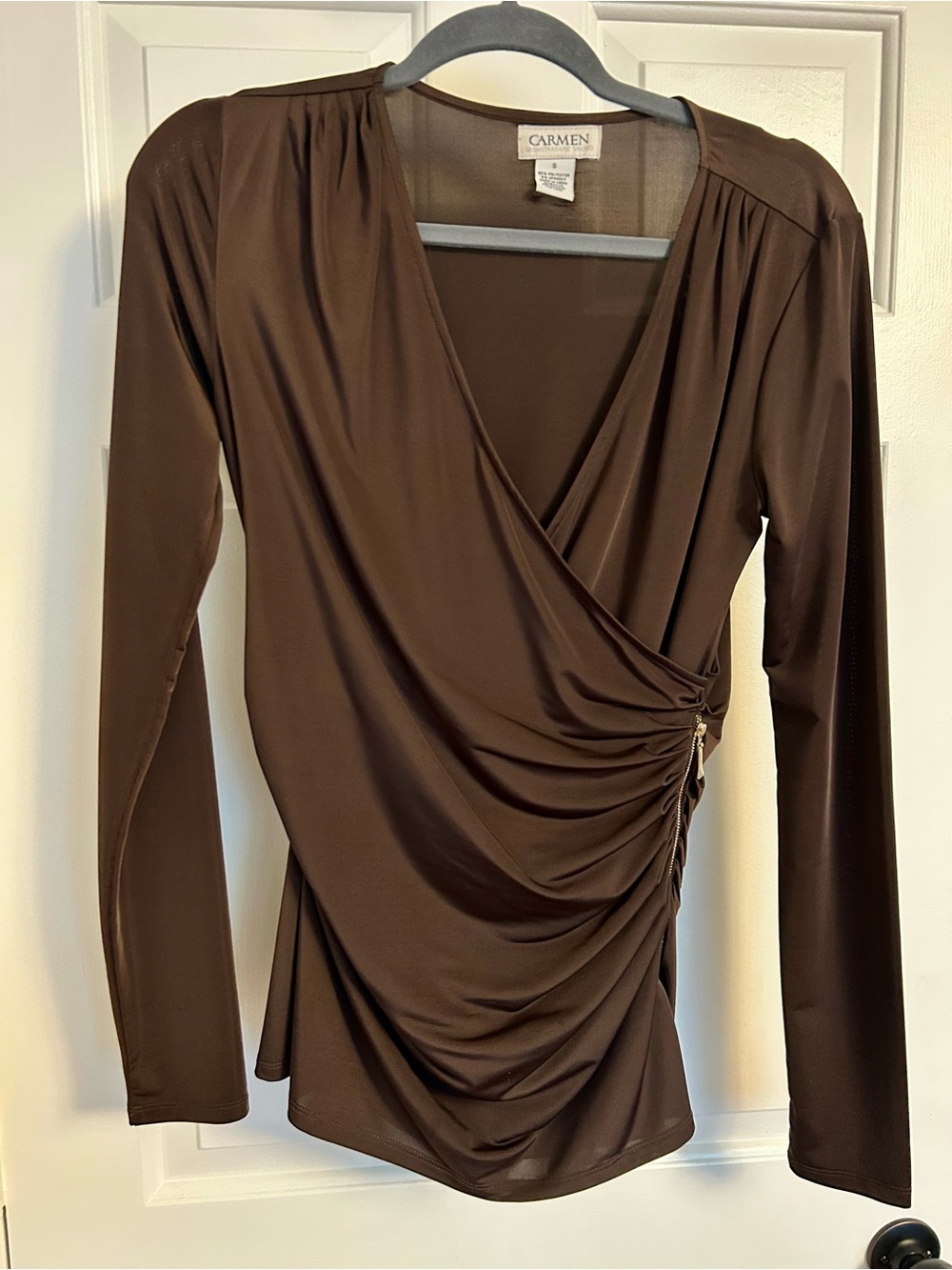 Carmen Marc Valvo Chocolate Brown Long-Sleeve Draped Wrap Top